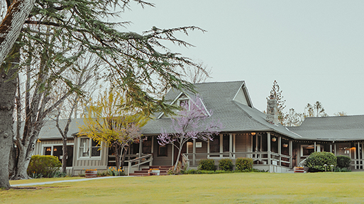 Yosemite Lawn ceremony space framed by towering oaks and pine trees at Sierra Sky Ranch wedding venue near Yosemite South Entrance