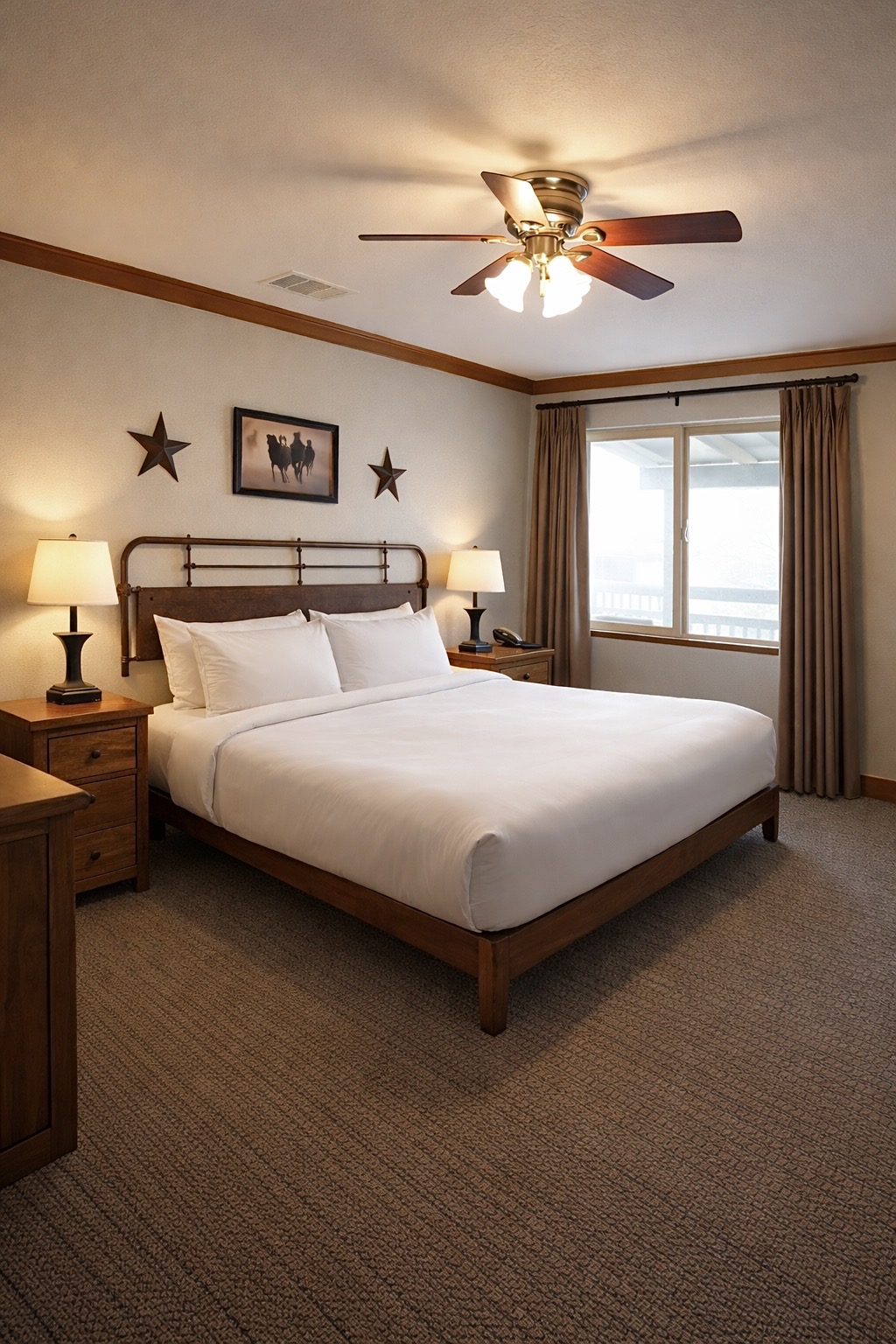 ADA accessible Guest House king room with warm pine furnishings and landscape views at Sierra Sky Ranch boutique hotel near Yosemite