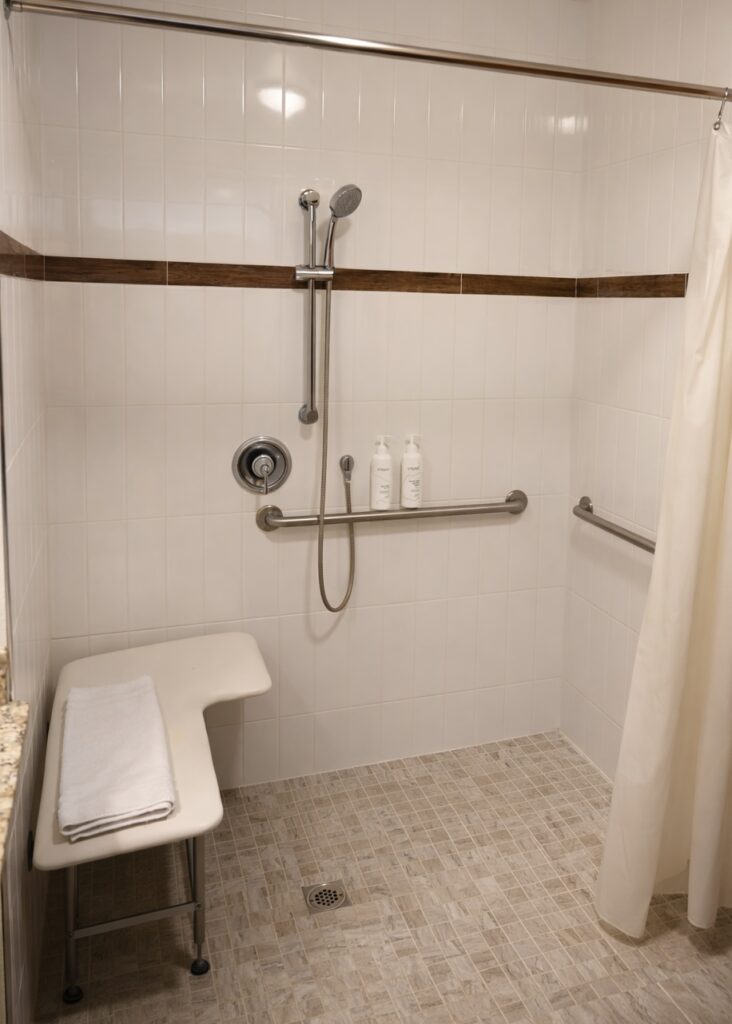 ADA accessible bathroom with roll-in shower in Guest House king room at Sierra Sky Ranch boutique hotel near Yosemite National Park