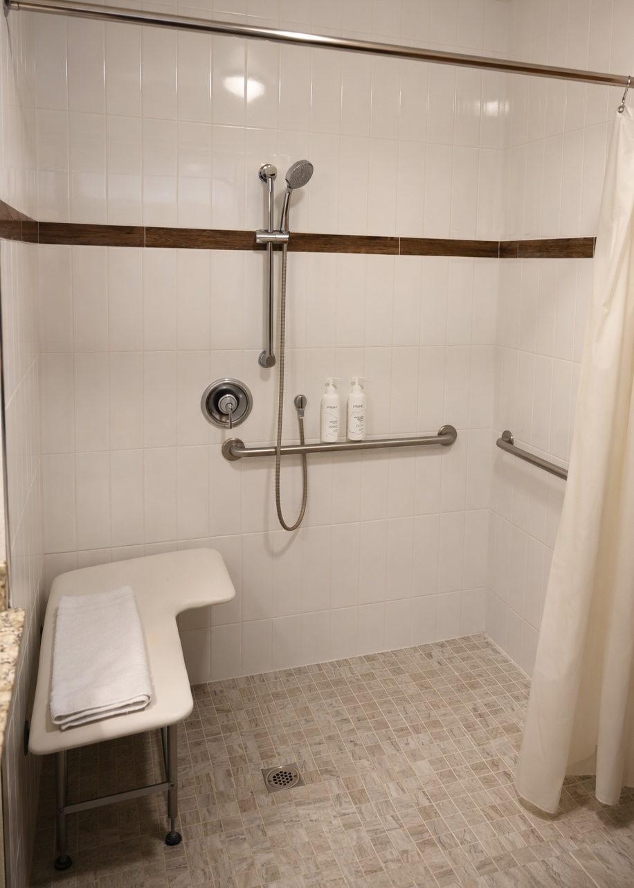 ADA accessible bathroom with roll-in shower in Guest House king room at Sierra Sky Ranch boutique hotel near Yosemite National Park