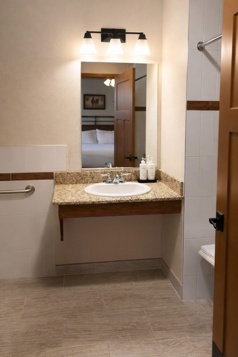 ADA accessible bathroom with roll-in shower in Guest House king room at Sierra Sky Ranch boutique hotel near Yosemite National Park