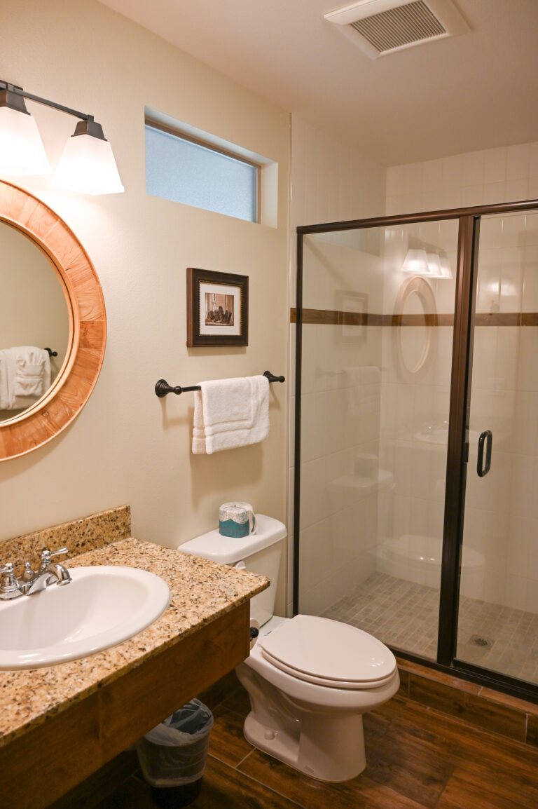 Walk-in shower bathroom with modern fixtures in Guest House king room at Sierra Sky Ranch boutique hotel near Yosemite National Park