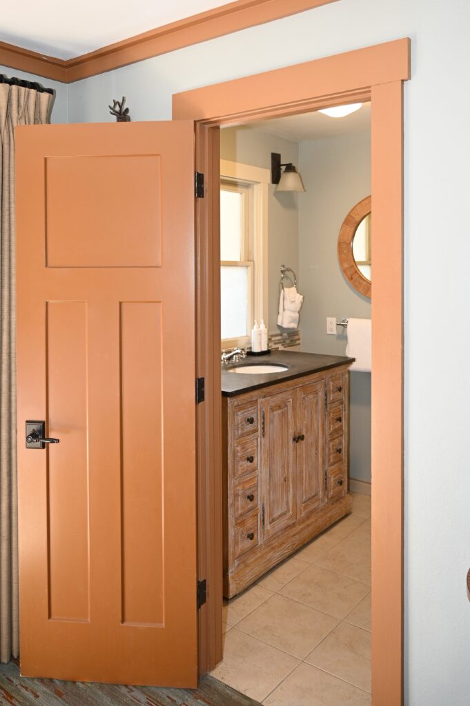 Modern walk-in shower bathroom in Ranch House double room at Sierra Sky Ranch near Yosemite National Park