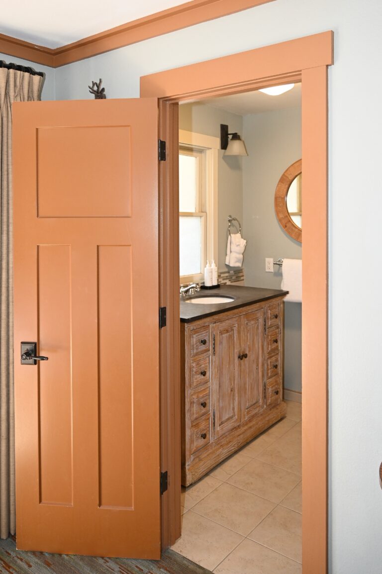 Modern walk-in shower bathroom in Ranch House double room at Sierra Sky Ranch near Yosemite National Park