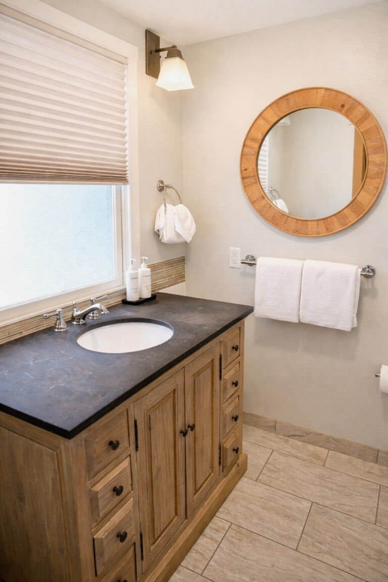 Walk-in shower bathroom with modern amenities in Great Lawn king room at Sierra Sky Ranch boutique hotel near Yosemite National Park
