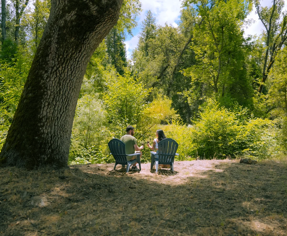 Adirondack chairs along Lewis Creek at Sierra Sky Ranch in Oakhurst, CA