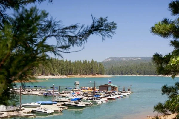 Boats docked at the Bass Lake, Miller’s Landing marina, four miles from Sierra Sky Ranch